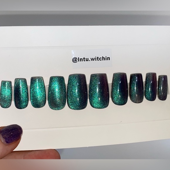 Handmade press on nails, 20 pc, blue magnetic gel - Picture 8 of 13